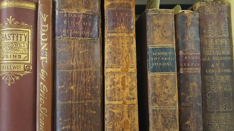 A row of old books on a shelf.