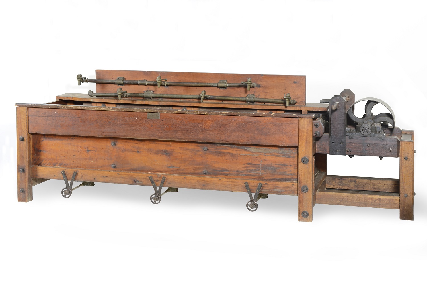 A wooden table with a wooden top and metal handles.