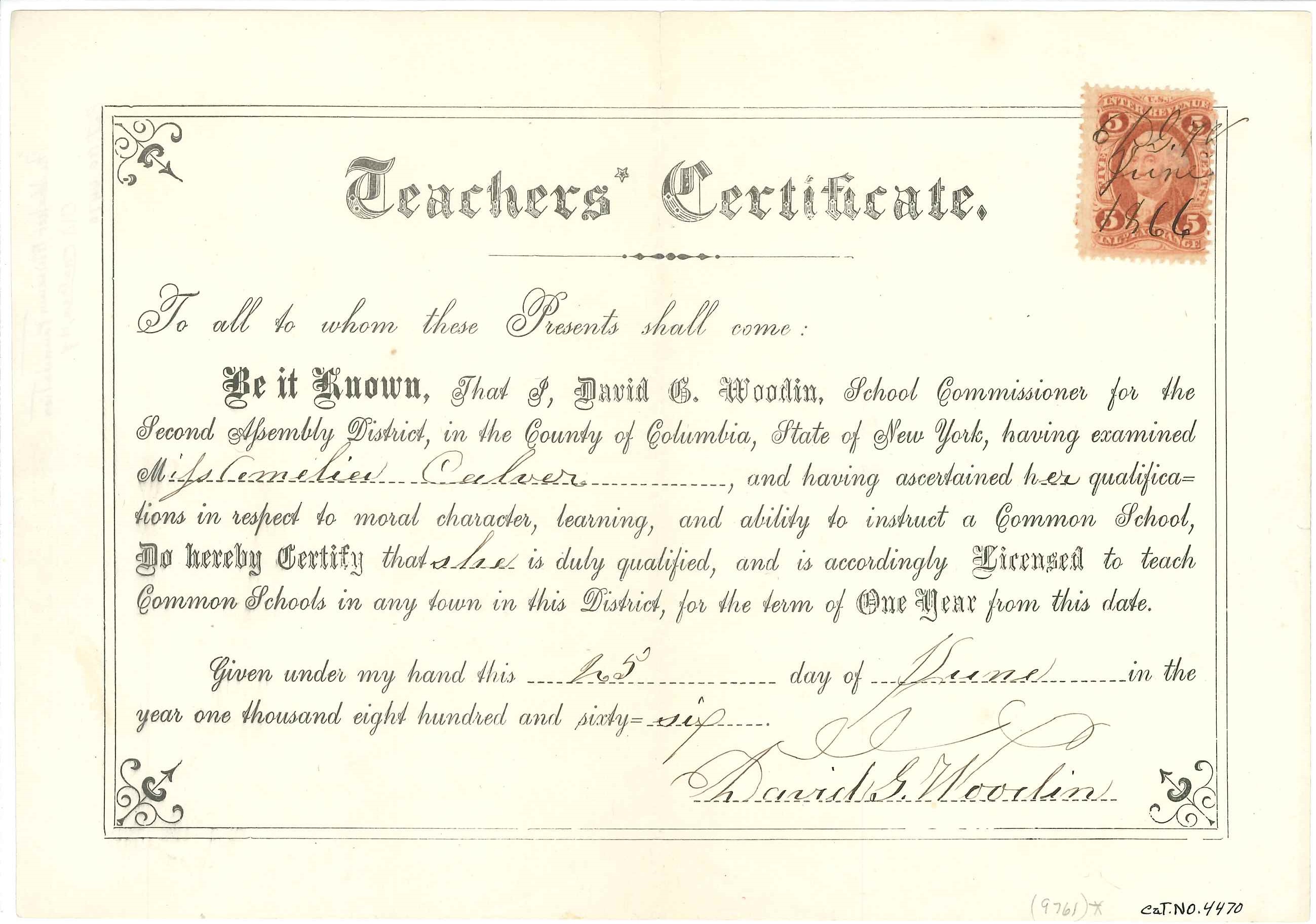 A teacher's certificate with an old stamp on it.