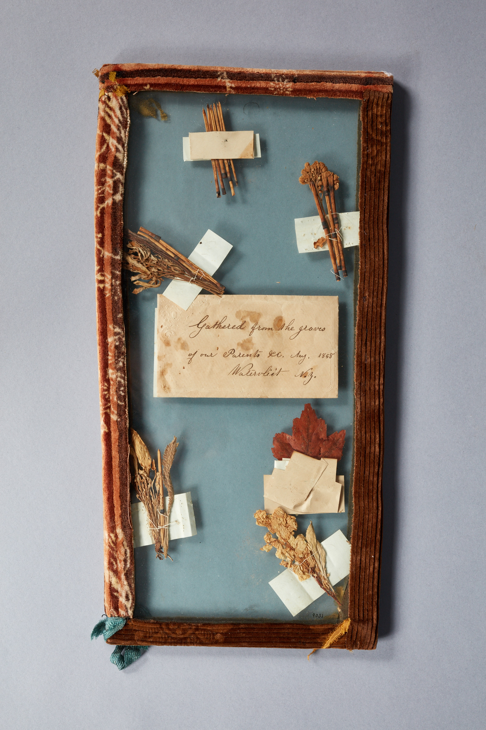 A wooden frame with dried leaves and a note.