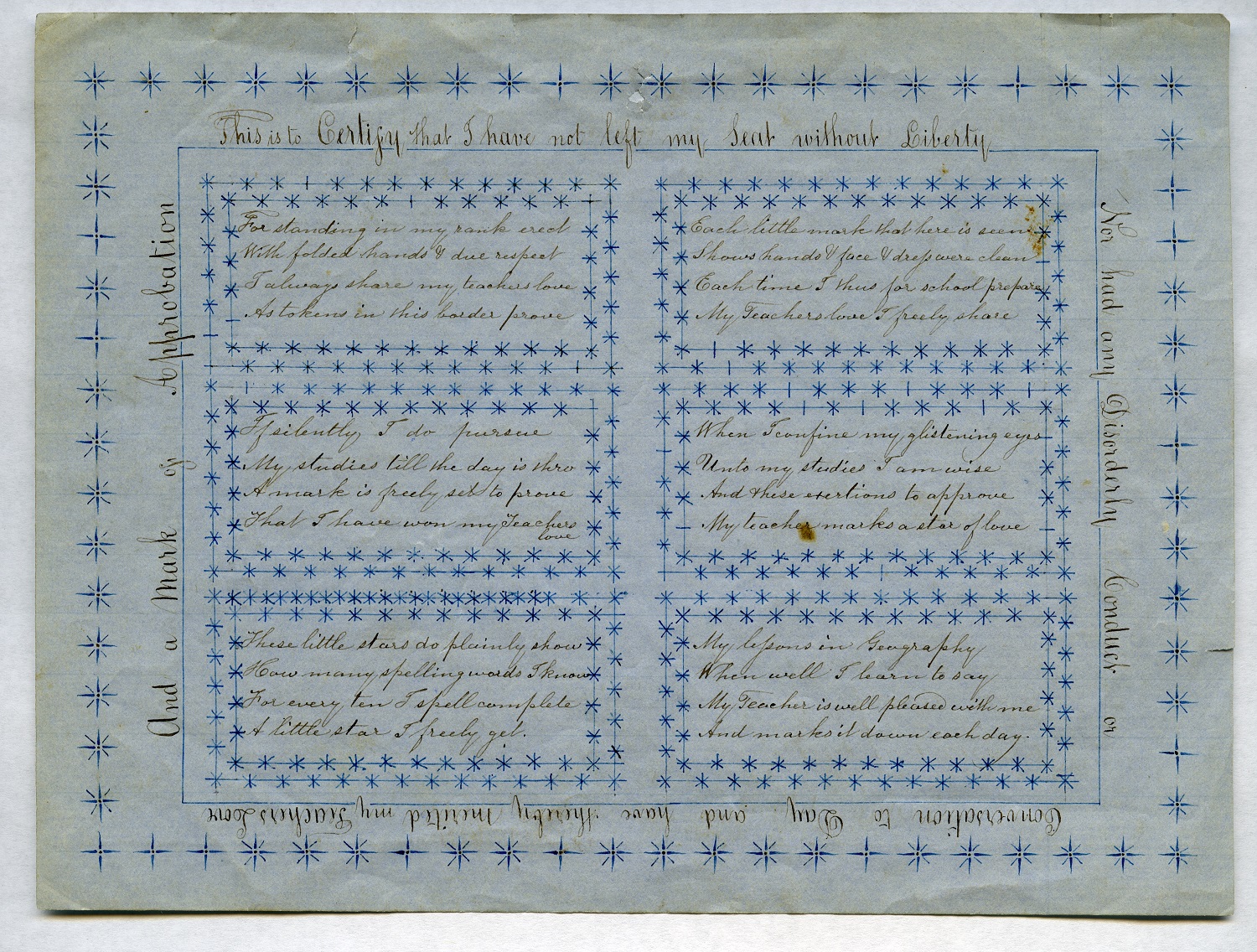 A blue and white piece of paper with writing on it.