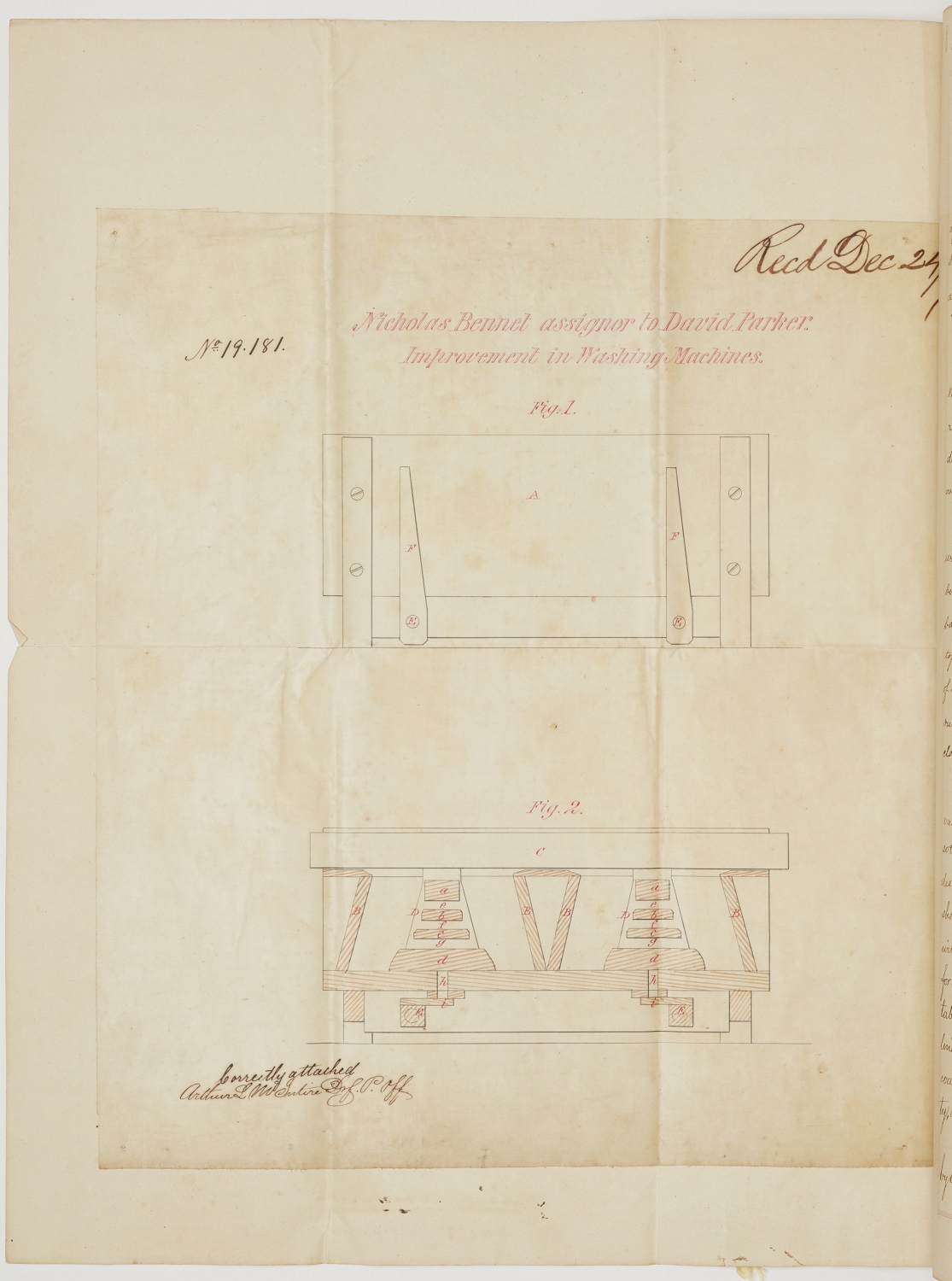 An old book with drawings of a table and a chair.