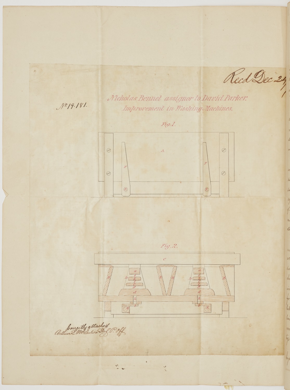 An old book with drawings of a table and a chair.