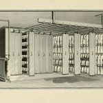 A drawing of a room with shelves and drawers.