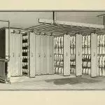 A drawing of a room with shelves and drawers.