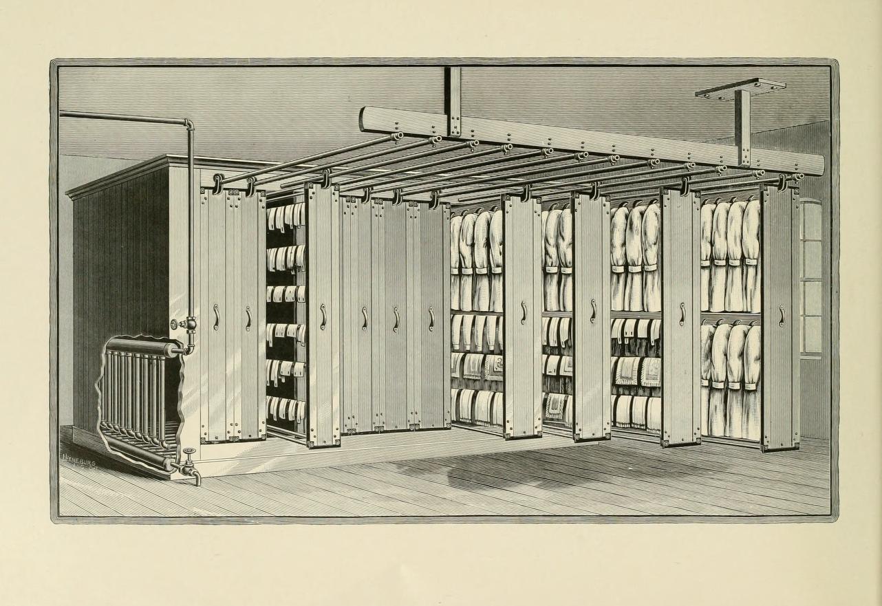 A drawing of a room with shelves and drawers.