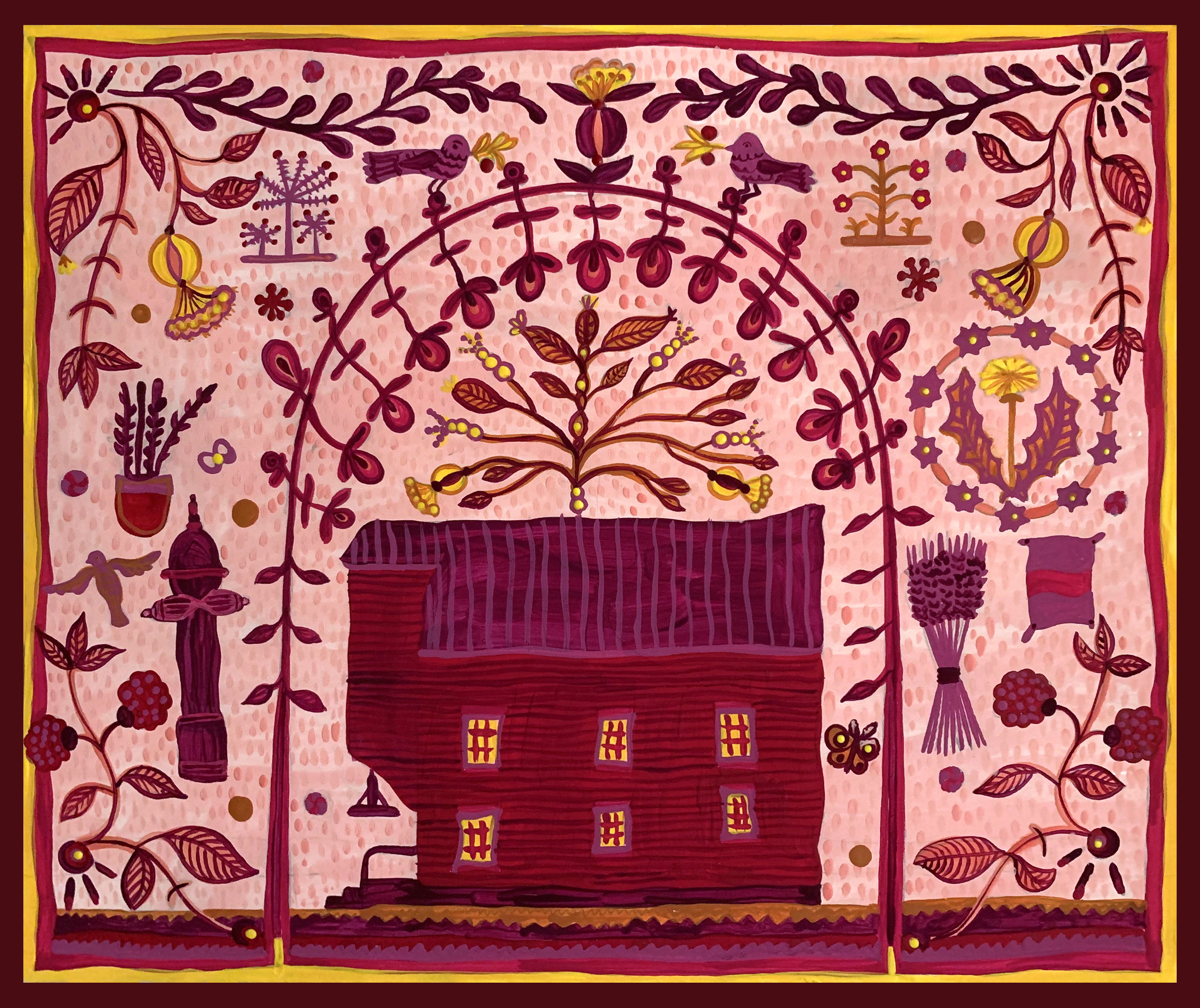 A red and purple tapestry with a house and flowers.