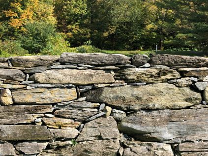 A stone wall with trees in the background.