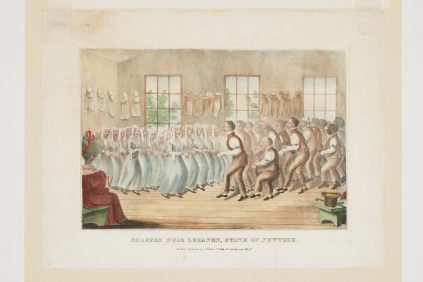 A drawing of a group of people dancing in a room.
