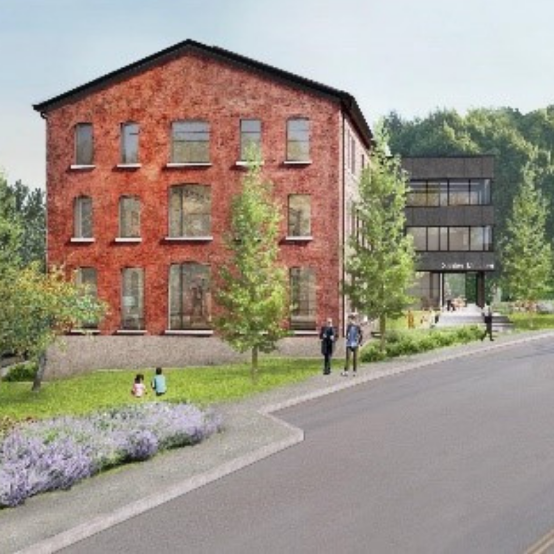 An artist's rendering of a red brick building.