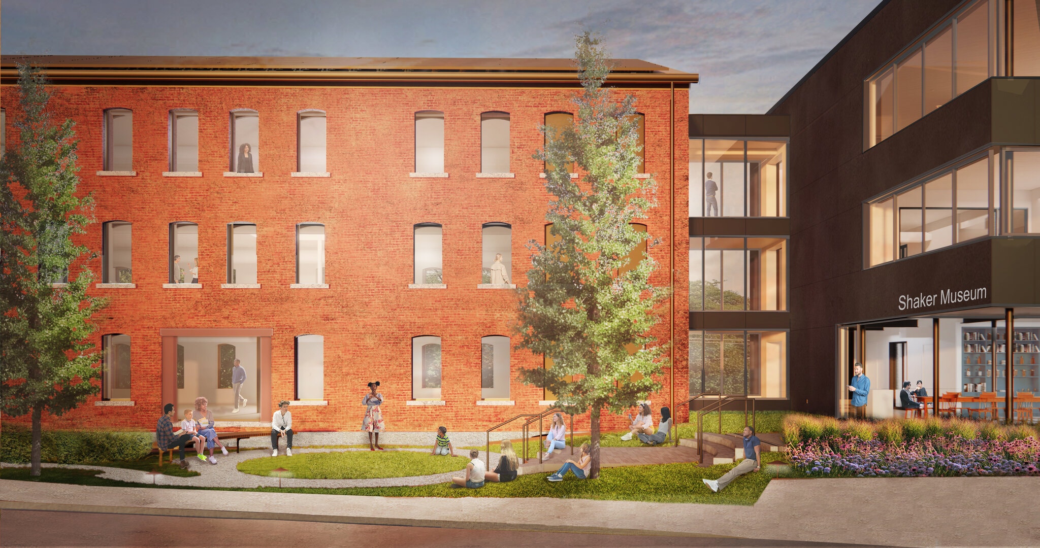 An artist's rendering of a brick building with people outside.