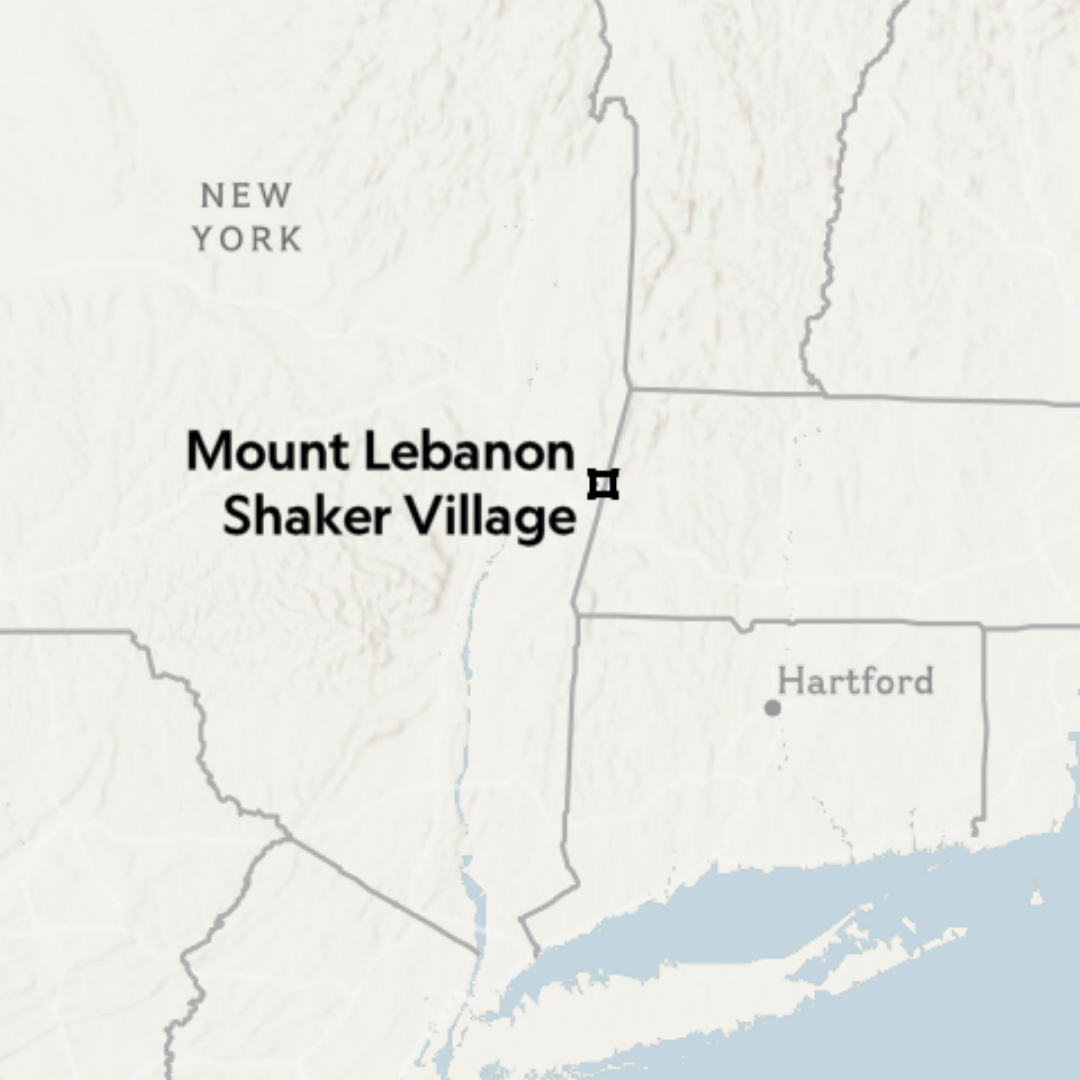A map showing the location of mount lebanon and shaker village.