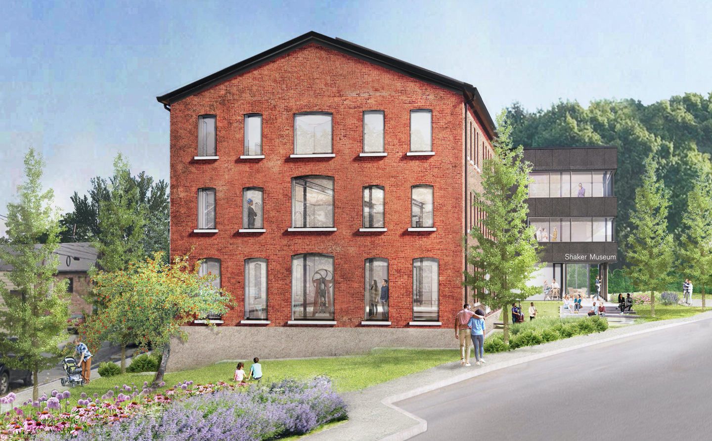 An artist's rendering of a red brick building.