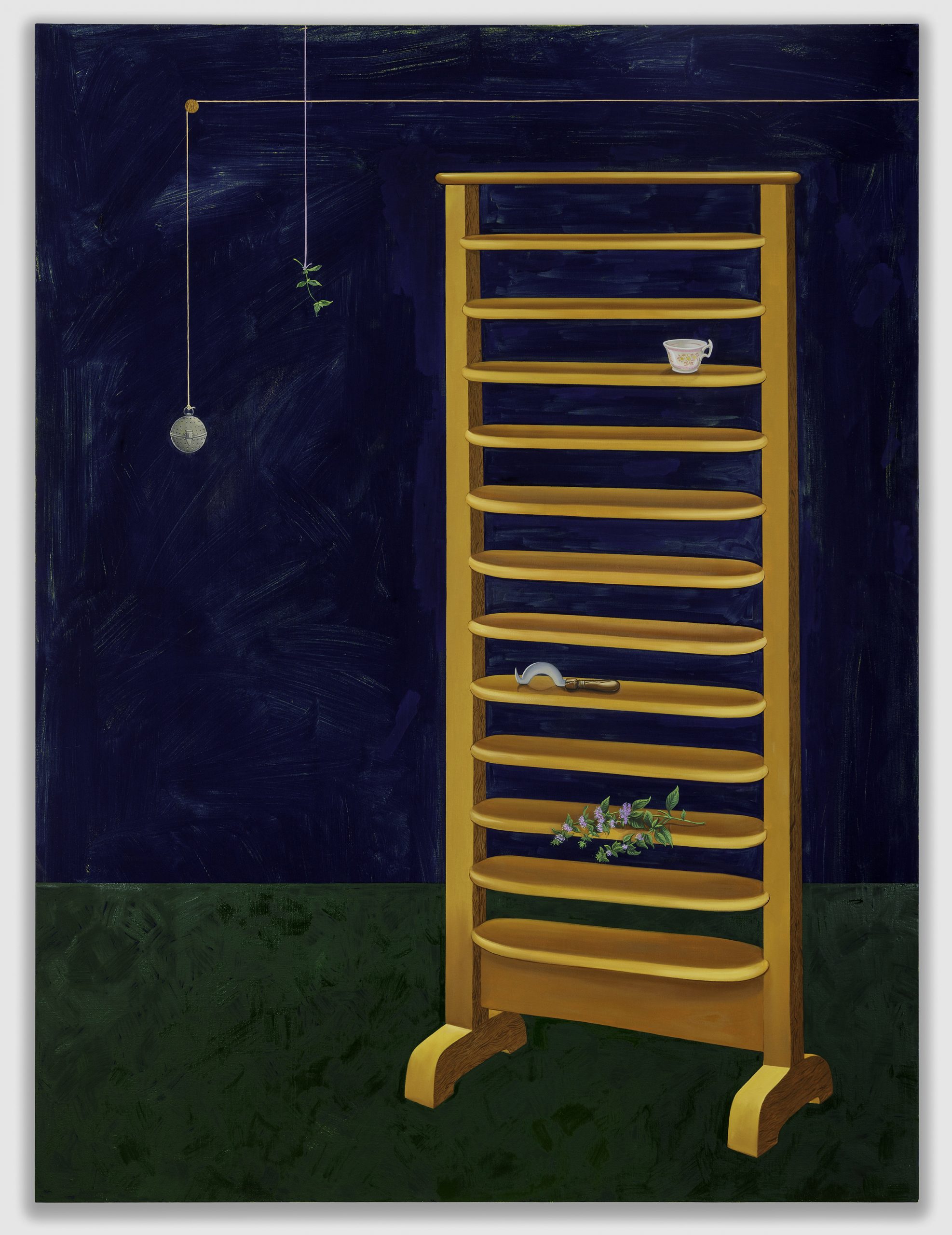 A painting of a wooden rack in front of a dark background.