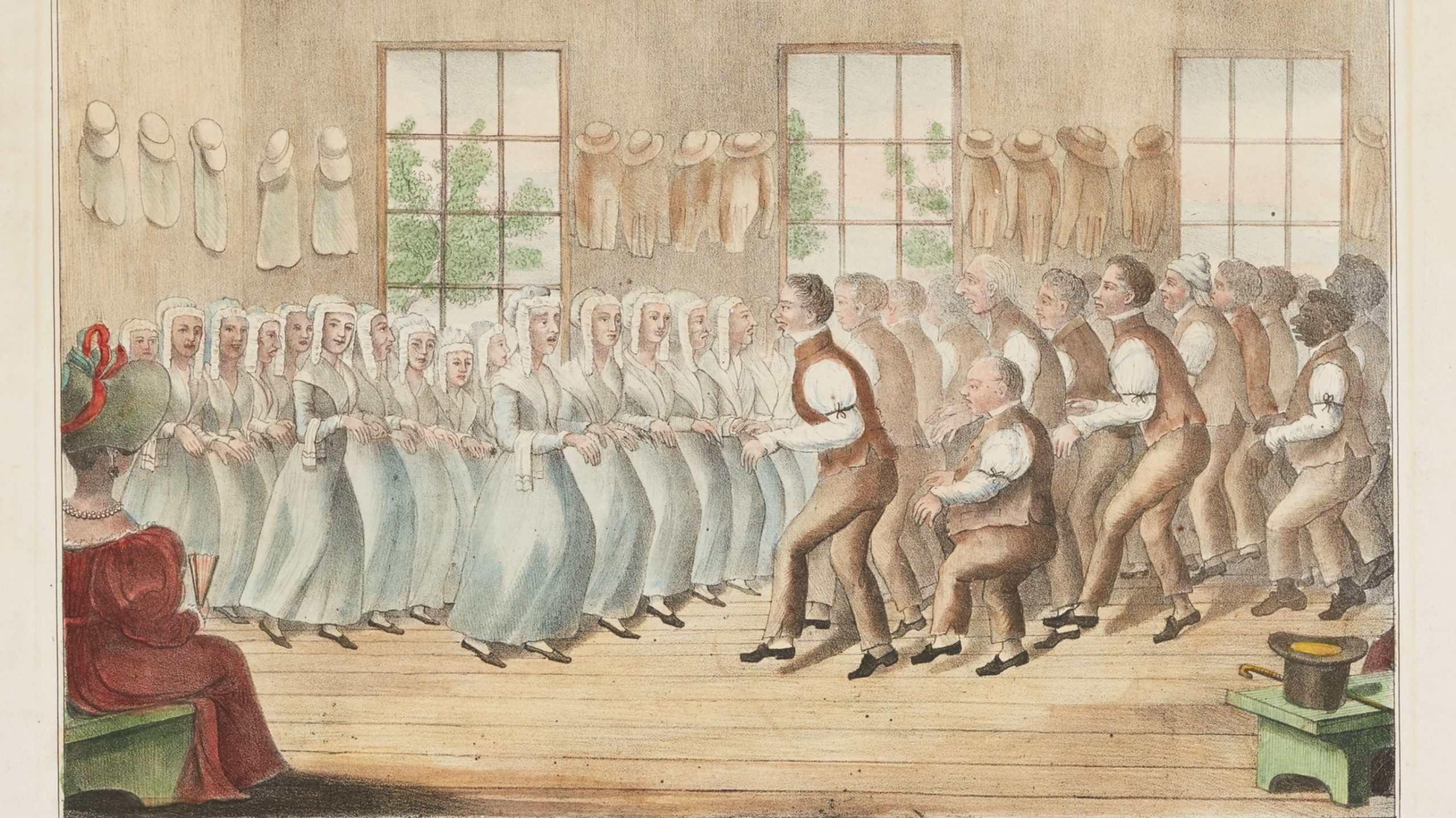 A lithograph of a group of Shakers dancing in a room.