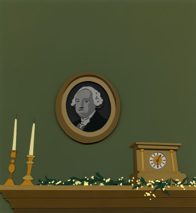 A portrait on a green wall above a fireplace mantle adorned with a clock and two candlesticks.
