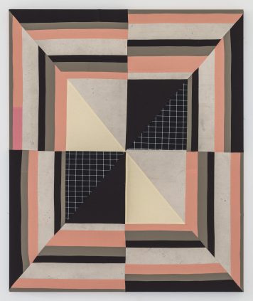 Geometric abstract painting with a symmetrical composition of triangles and rectangles in a muted color palette.