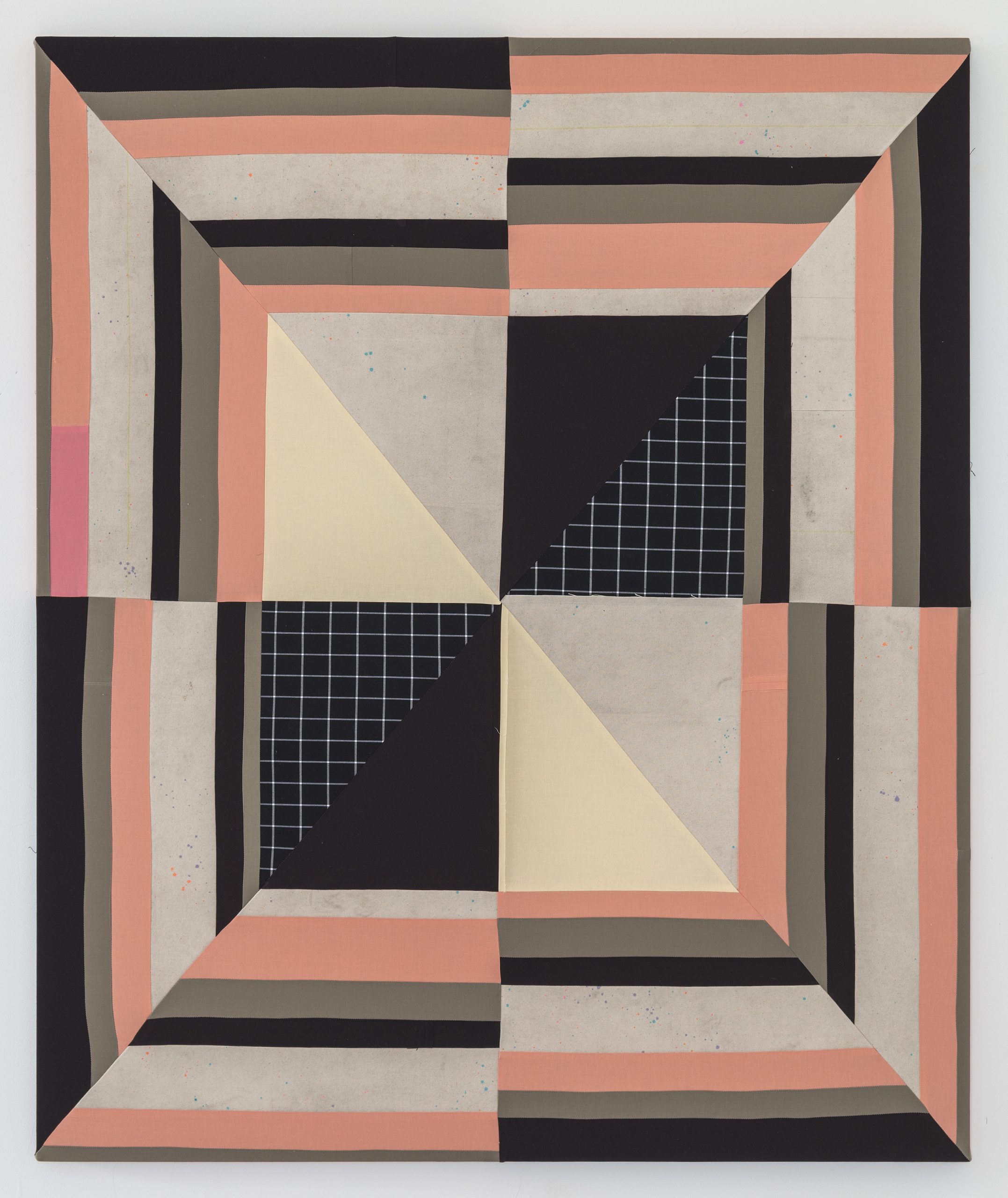 Geometric abstract painting with a symmetrical composition of triangles and rectangles in a muted color palette.