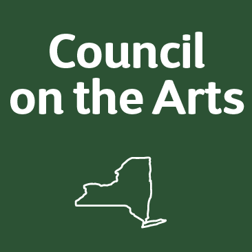 Logo of the council on the arts featuring a white outline of new york state on a dark green background with the text "council on the arts.