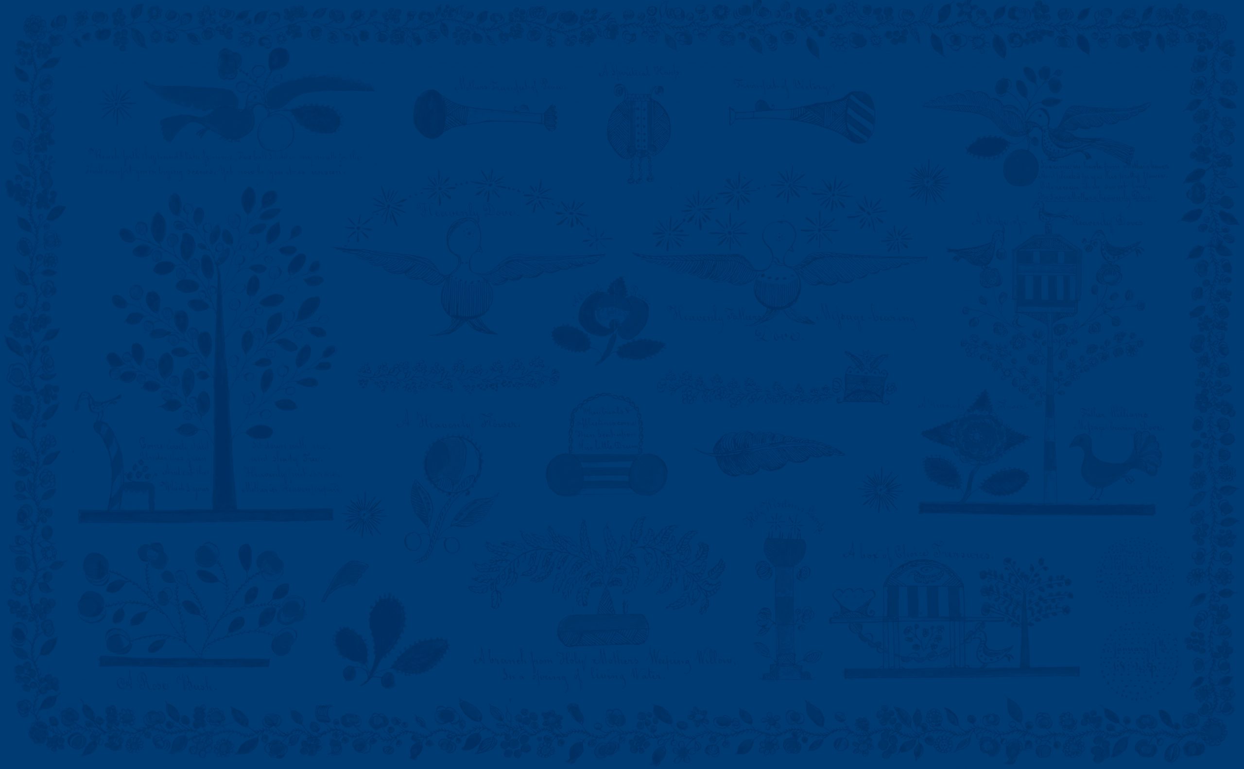 Blue-toned illustration featuring trees, birds, musical instruments, and abstract shapes, arranged in a symmetrical pattern with a decorative border.
