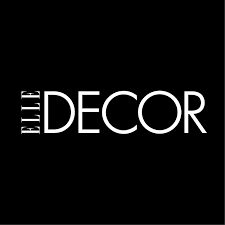 Black square with "ELLE DECOR" written in bold white capital letters, with "ELLE" vertically aligned and "DECOR" horizontally aligned.