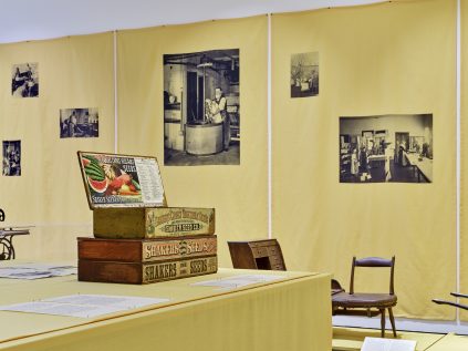 Exhibit display with vintage seed boxes in the foreground and black-and-white historical photographs on yellow fabric walls in the background.