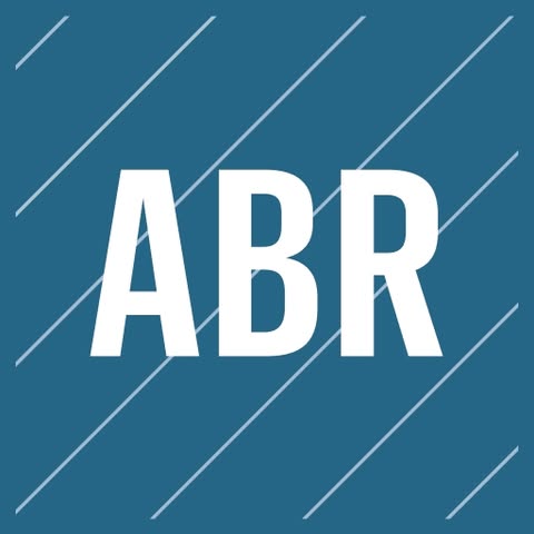 White capital letters "ABR" centered on a blue background with diagonal white lines.