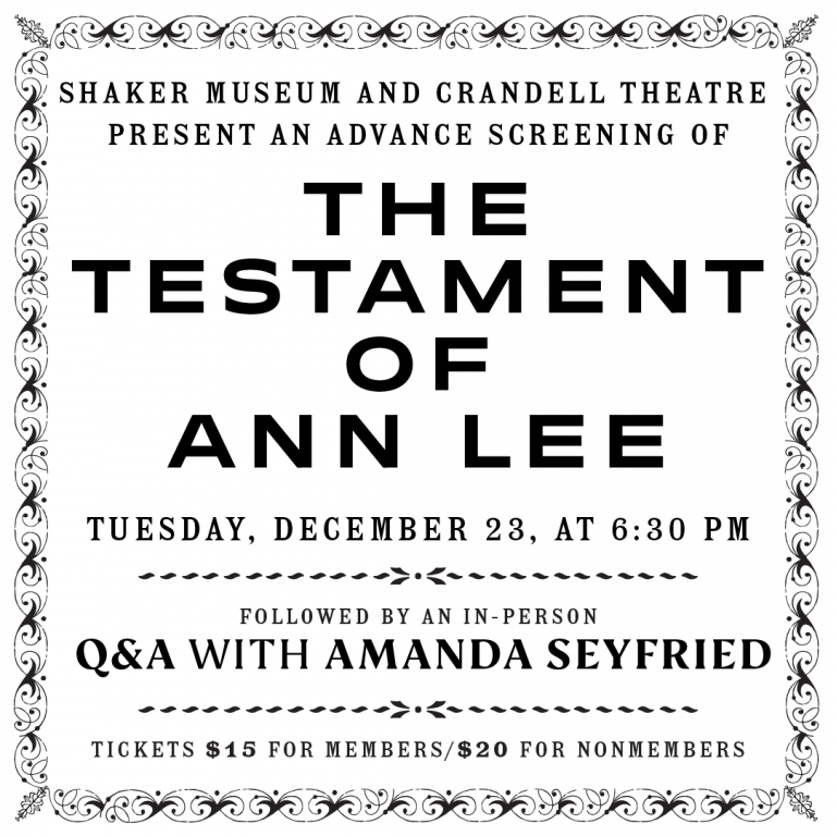 Black and white event flyer for an advance screening of "The Testament of Ann Lee" on December 23 at 6:30 pm, with a Q&A featuring Amanda Seyfried; ticket prices listed.